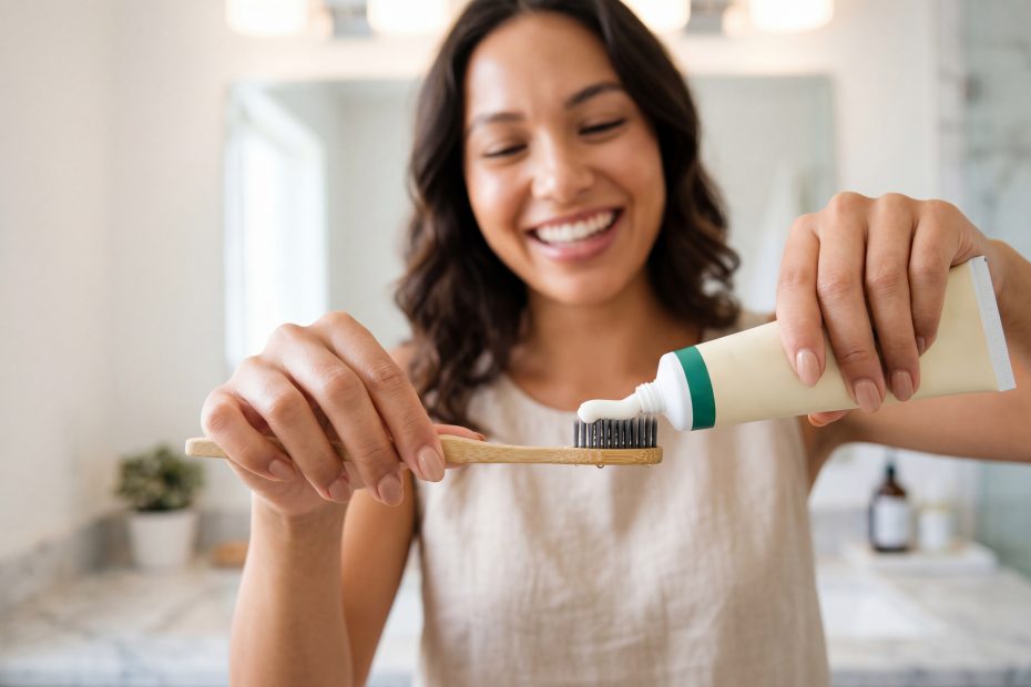 Frau trägt fluoridhaltige Zahnpasta auf eine Zahnbürste auf